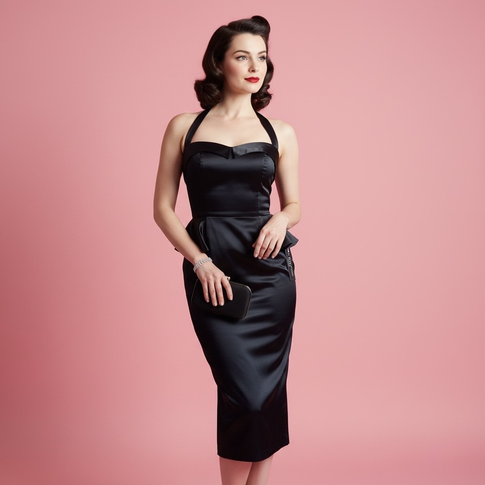 🖤 VINTAGE NWT Stop Staring! Black Satin Peplum Dress XS | Retro PinUp Goth
